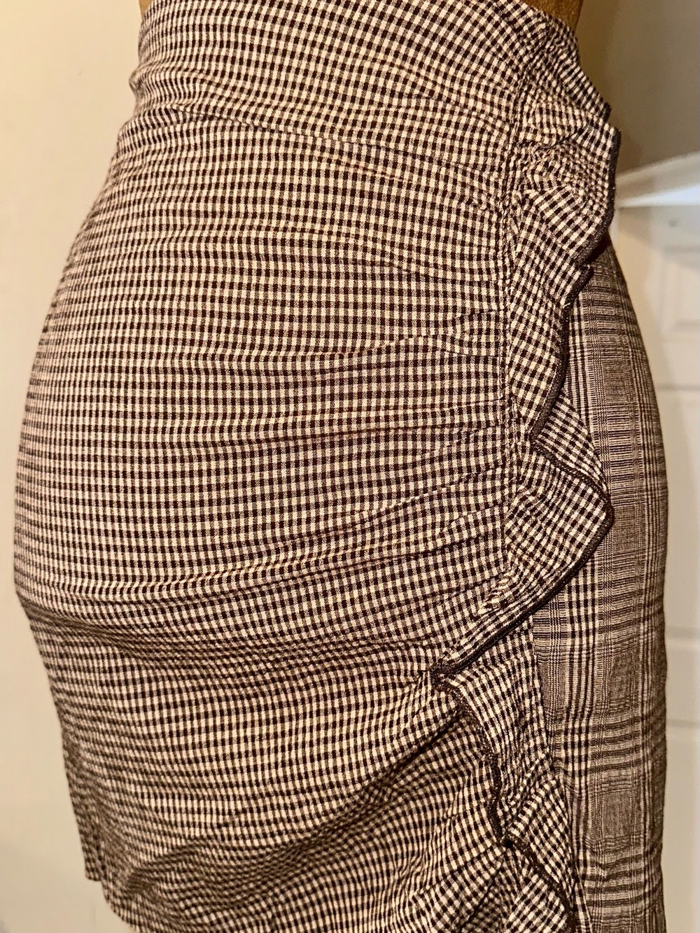 Mango Black & White Gingham Ruffle Pencil Skirt
